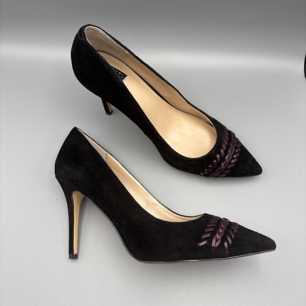 WHBM High Heels Size 8 Black Suede Olivia Whipstitch Purple Braided Pumps Gothic